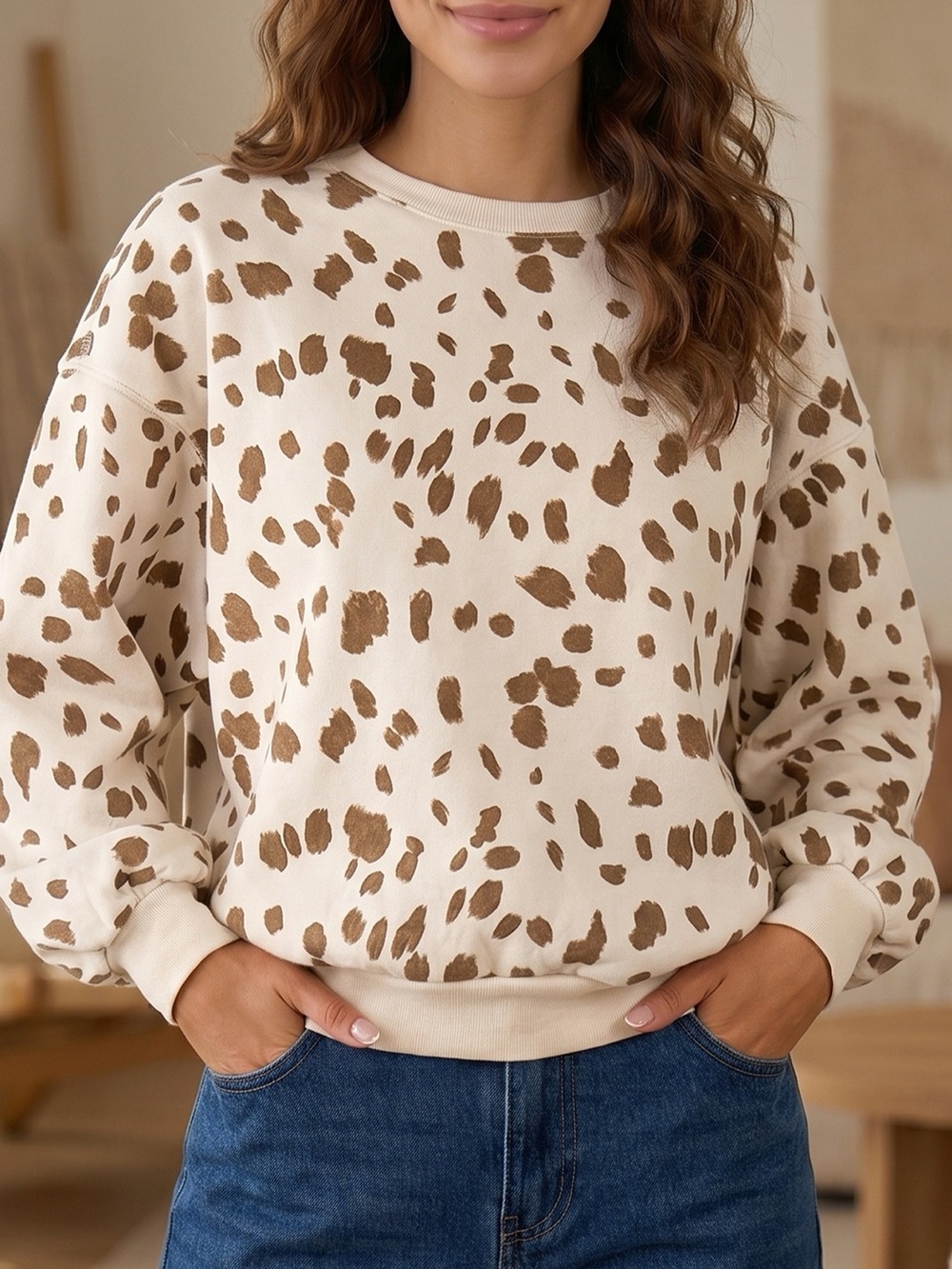 Leopard Print Dropped Shoulder Round Neck Casual Sweatshirt